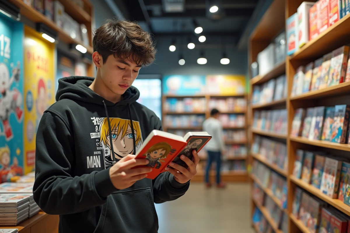 Adolescent comparant la version imprimée et numérique du manga One Punch Man dans une boutique spécialisée manga et culture japonaise