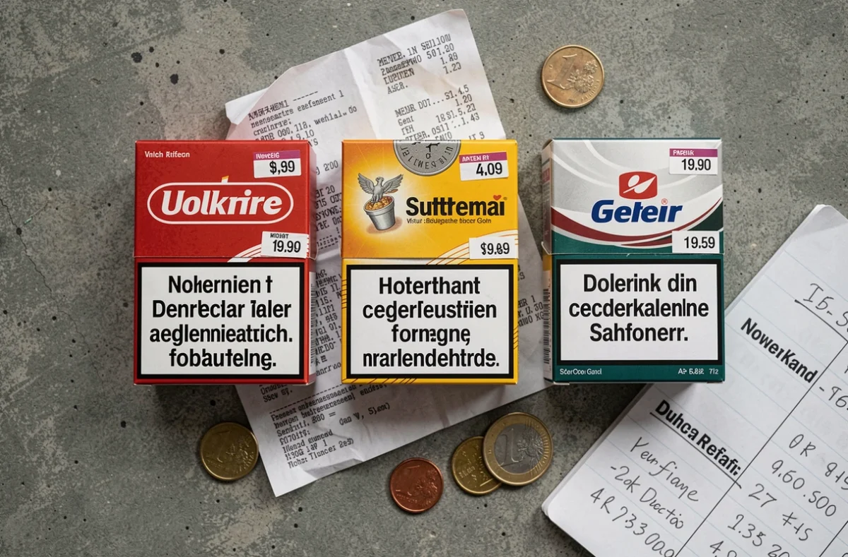 Vue en plongée de trois paquets de cigarettes côte à côte sur béton avec ticket de caisse et pièces d'euros comparant les prix en Allemagne