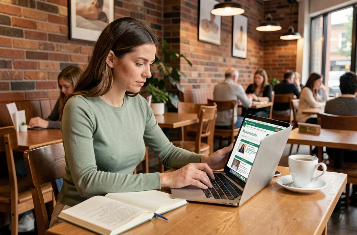 Femme comparant différents sites de petites annonces pour massage dans un café avec ordinateur portable et carnet de notes