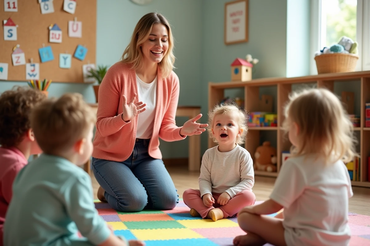 Enseignante de petite section animant une comptine avec des tout-petits assis en demi-cercle sur un tapis coloré en classe de maternelle