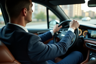 Homme en costume conduisant une voiture moderne en ville