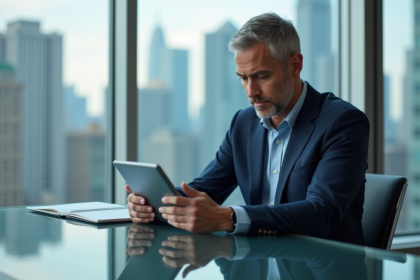 Conseiller financier en costume bleu analyse des graphiques