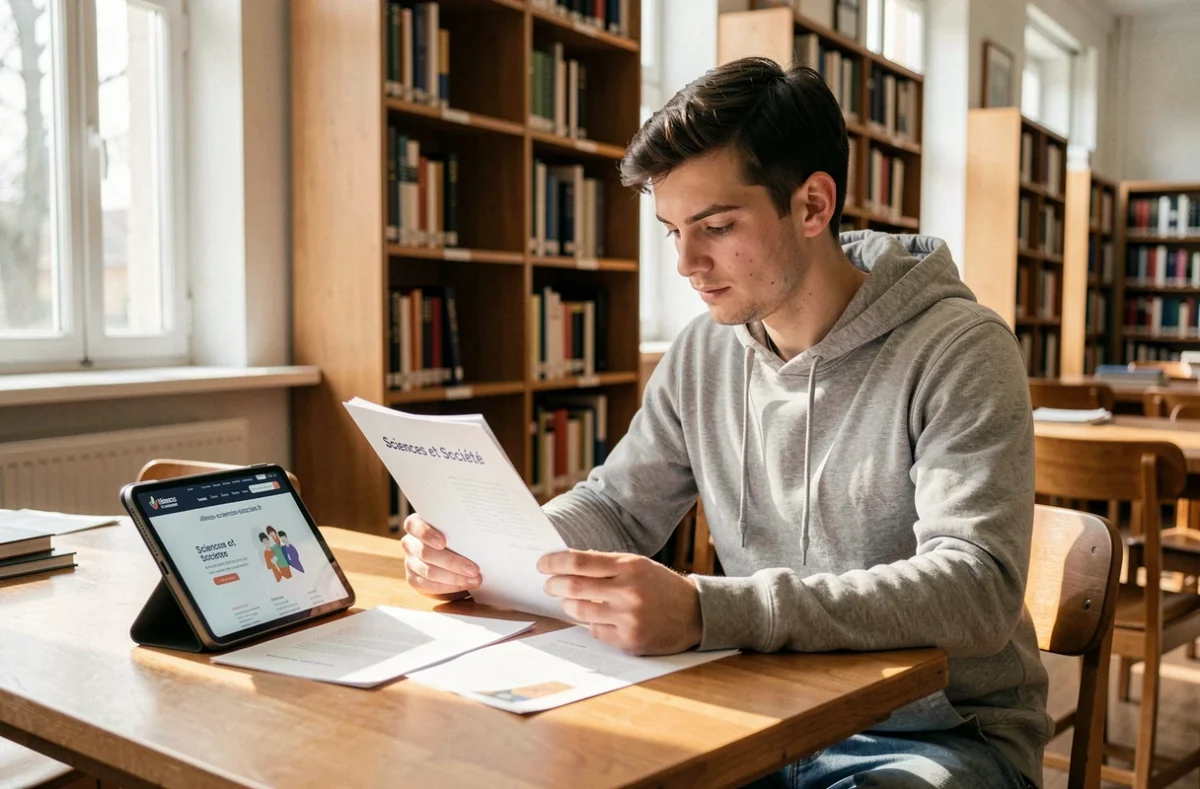 Jeune homme consultant des ressources scientifiques imprimées et numériques sur le site alliance-sciences-societe.fr dans une bibliothèque publique