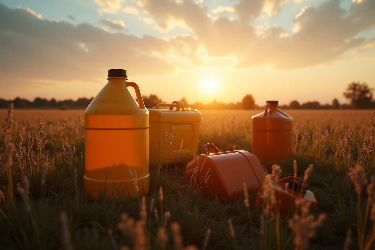 Contenants de herbicide abandonnés dans un champ au lever du soleil