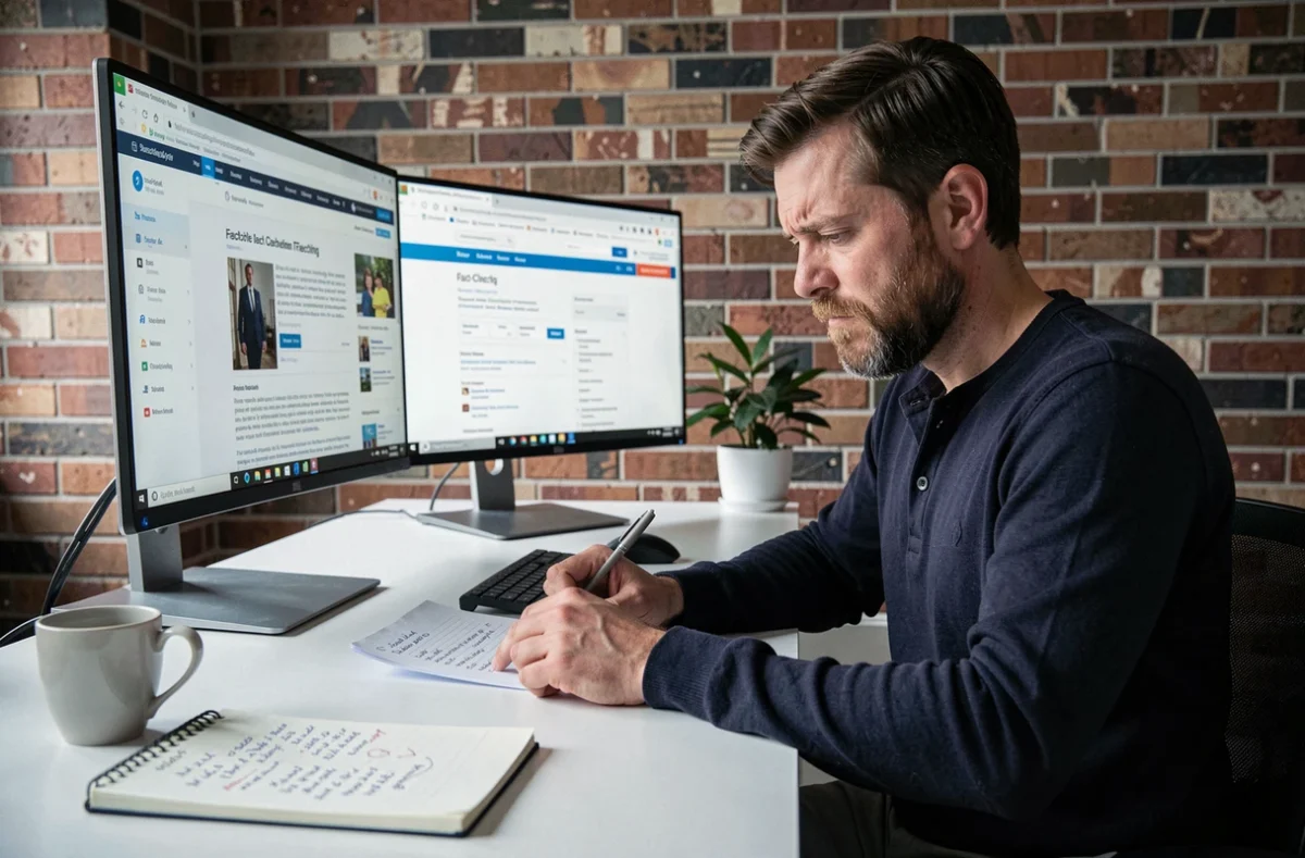 Homme réalisant une contre-enquête sur un blog depuis son bureau à domicile avec deux écrans