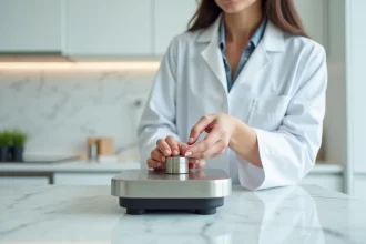 Femme en blouse blanche posant un poids sur une balance de précision pour illustrer la conversion de livres en kilogrammes