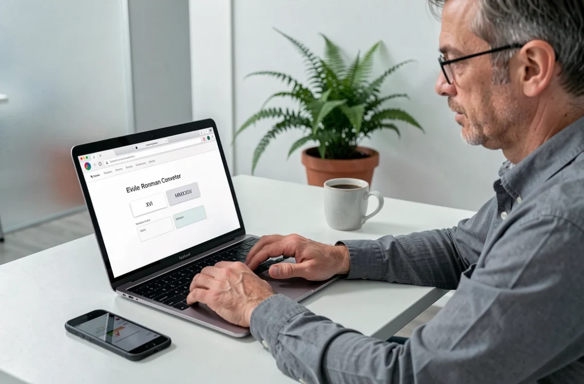 Homme utilisant un convertisseur de chiffres romains en ligne sur ordinateur portable et smartphone