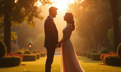Couple amoureux dans un jardin ensoleillee pour article amour