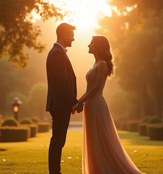 Couple amoureux dans un jardin ensoleillee pour article amour