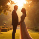 Couple amoureux dans un jardin ensoleillee pour article amour