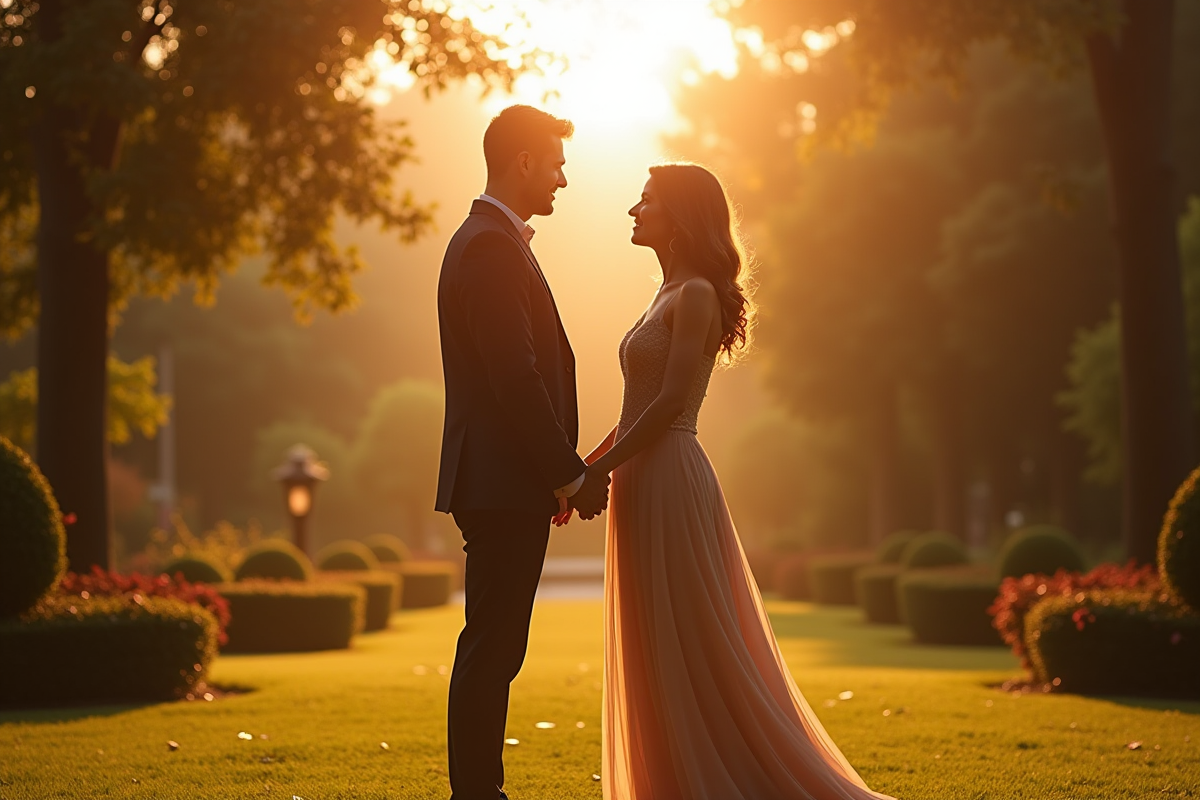 Couple amoureux dans un jardin ensoleillee pour article amour