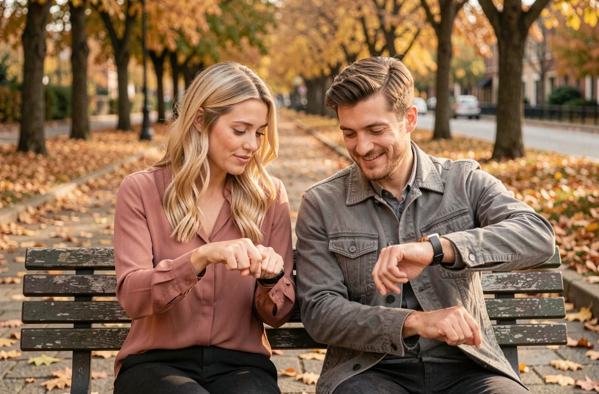 Couple regardant leurs montres affichant 12h21 sur un banc de parc en automne, illustrant la signification amoureuse des heures miroirs