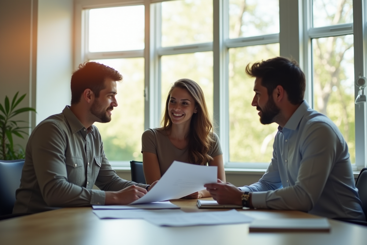 Jeune couple avec agent immobilier discutant financement maison