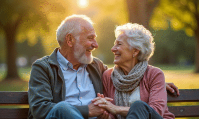Couple mature riant sur un banc en plein air