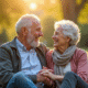 Couple mature riant sur un banc en plein air