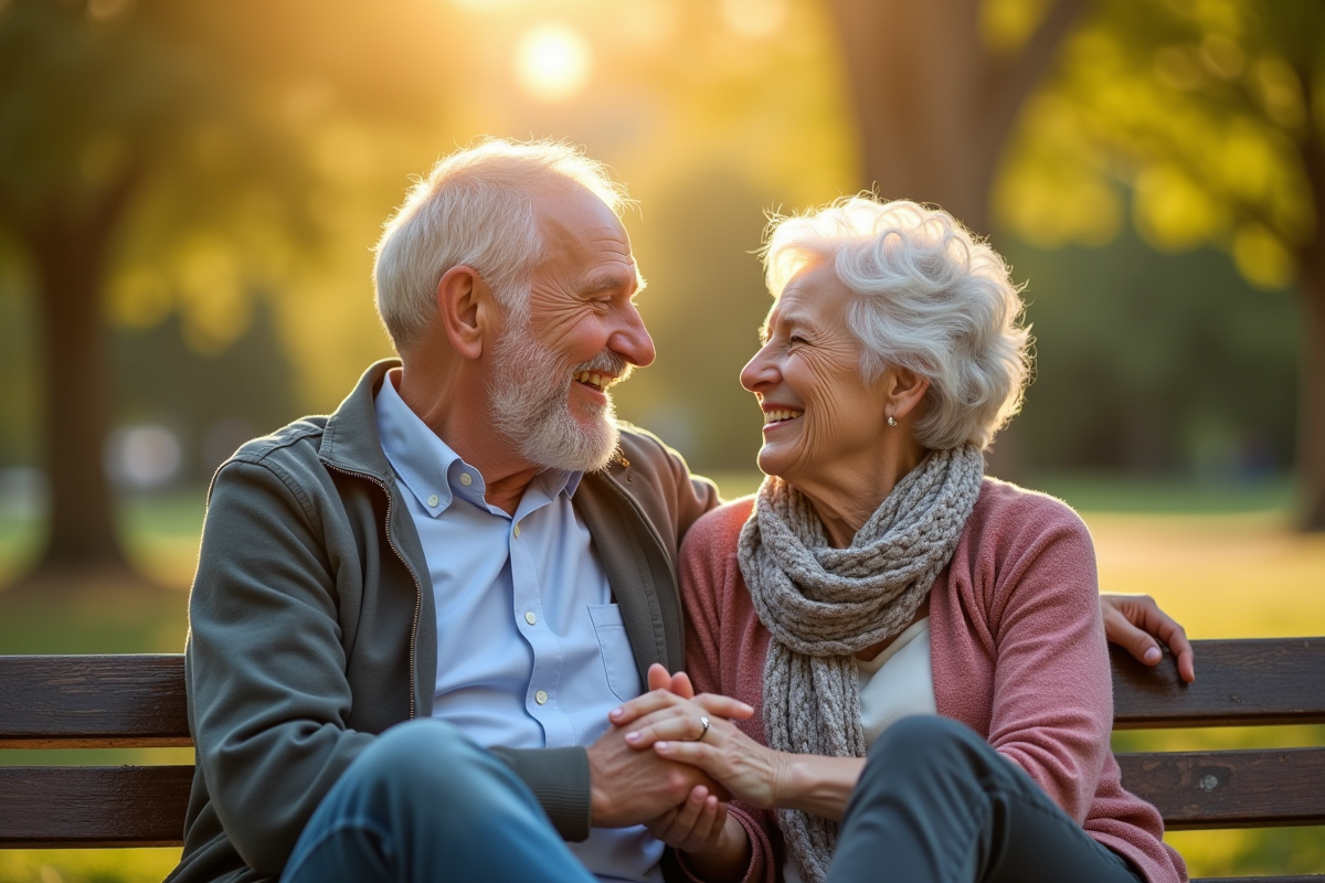 Couple mature riant sur un banc en plein air