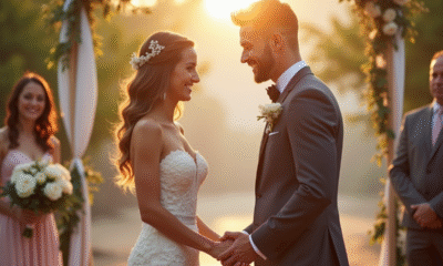 Couple heureux échangeant leurs vœux en plein air lors d’un mariage