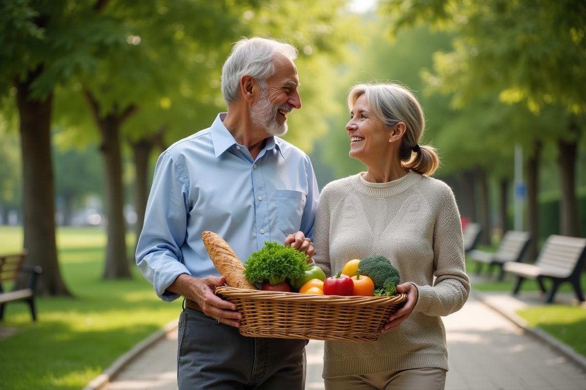 Couple marchant dans un parc avec panier de produits frais