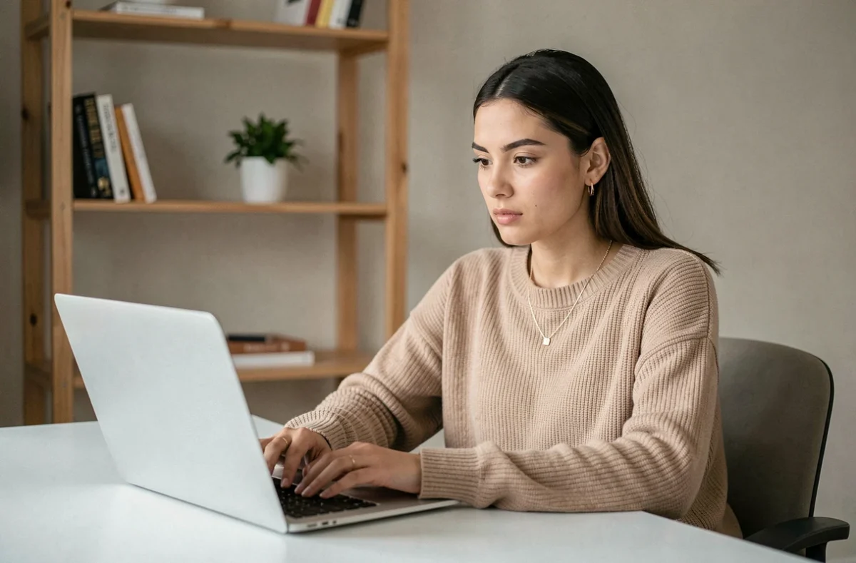 Jeune femme créatrice de contenu travaillant sur son ordinateur portable dans un bureau moderne et minimaliste, illustrant la présence en ligne sur les plateformes d'abonnement comme MYM