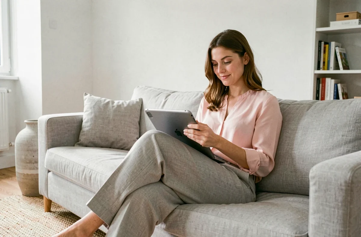 Femme créatrice de contenu numérique consultant une tablette dans un salon scandinave épuré, évoquant la stratégie de visibilité sur les plateformes d'abonnement en ligne