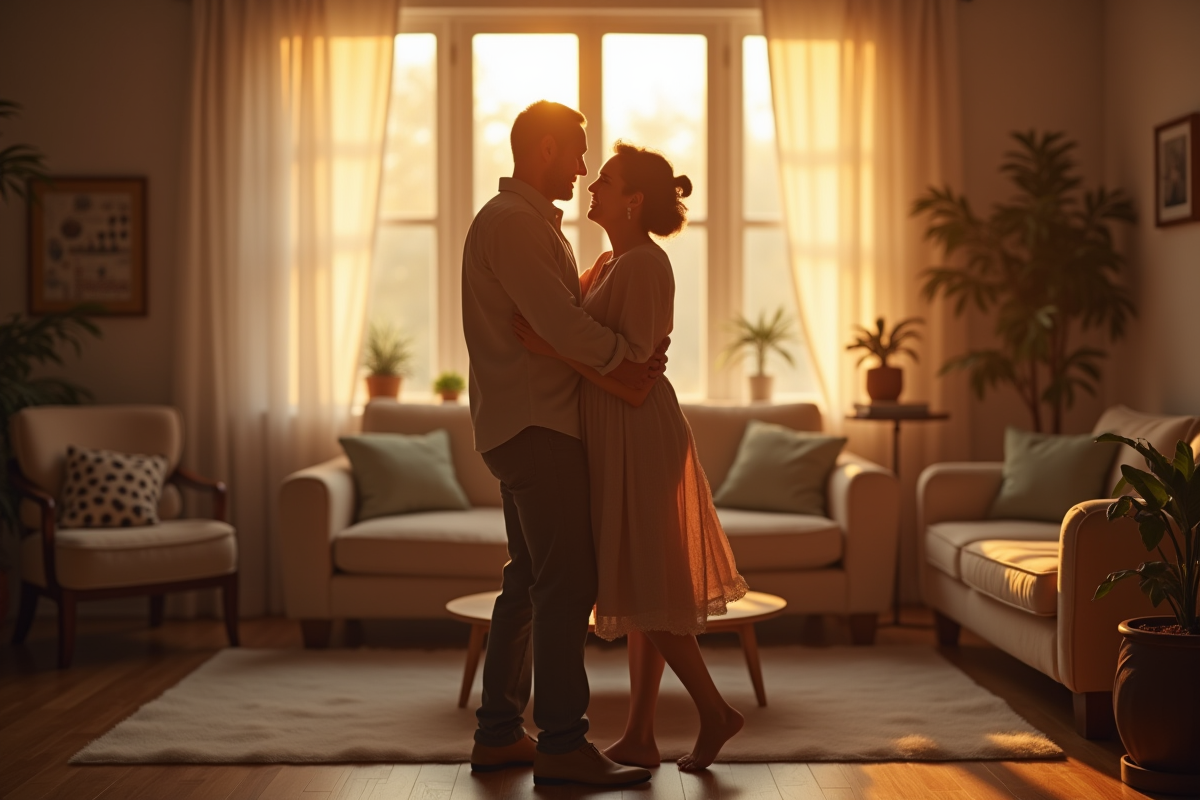 Couple dans leur salon en train de danser