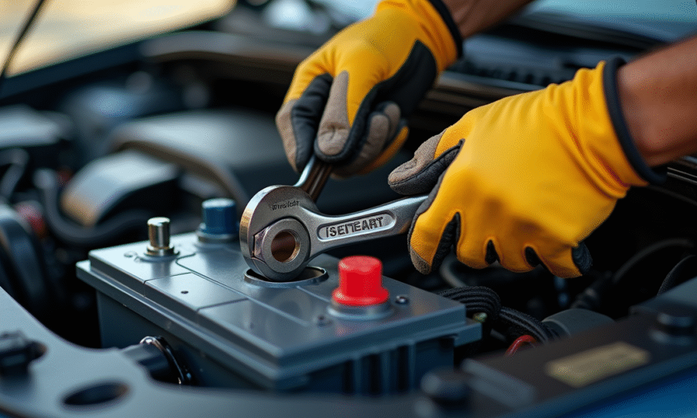 Main portant des gants utilisant une clé pour retirer la borne de la batterie