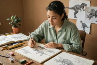 Jeune femme dessinant des dinosaures à main levée dans un carnet de croquis sur un bureau en bois encombré de crayons