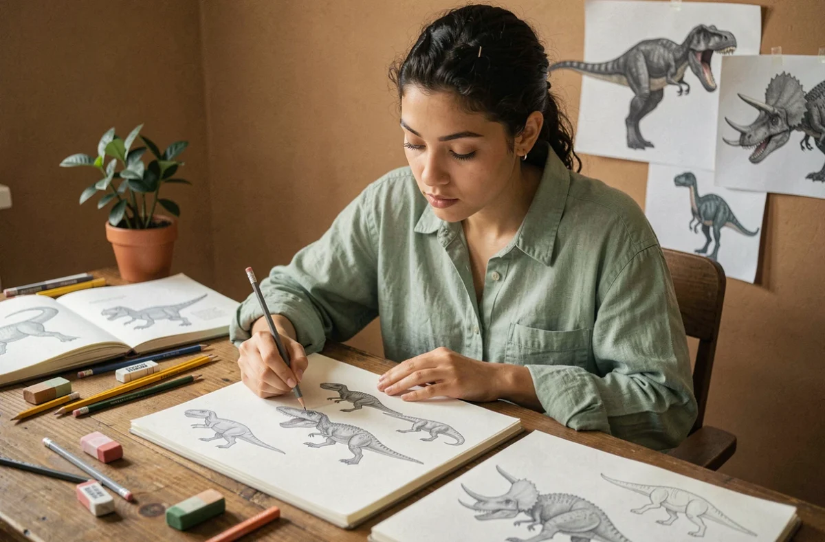 Jeune femme dessinant des dinosaures à main levée dans un carnet de croquis sur un bureau en bois encombré de crayons