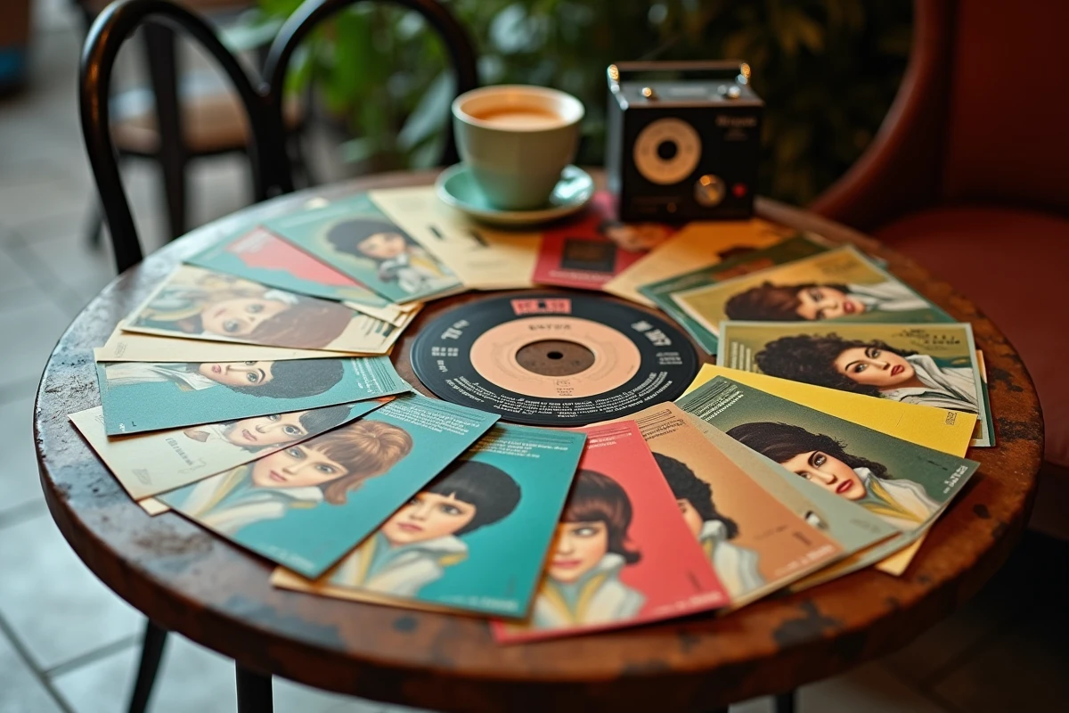 Collection de disques vinyle 45 tours de chansons françaises des années 60 sur une table de café parisien
