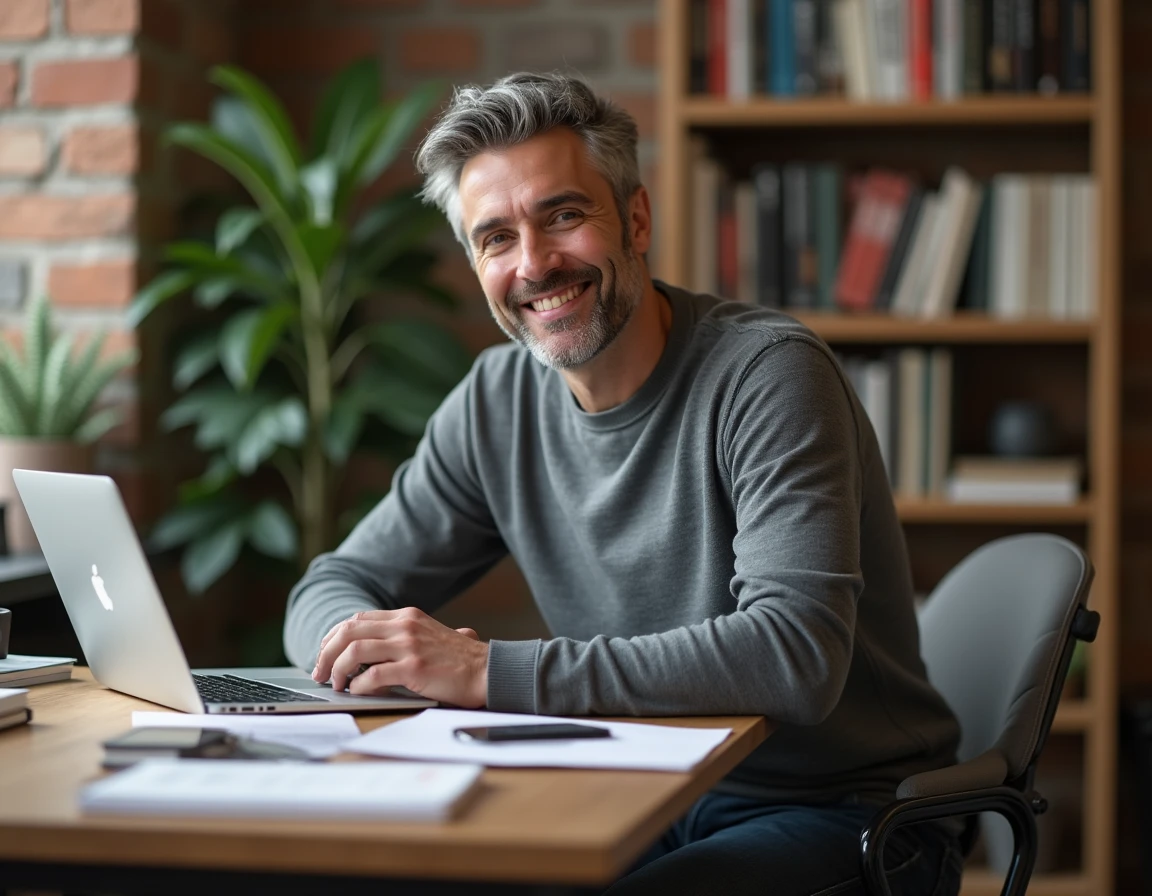 Entrepreneur masculin assis à son bureau avec un carnet portant la question sur la définition de disrupter