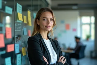 Femme d'affaires devant un tableau blanc couvert de notes et du mot disrupter dans un open space moderne