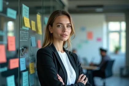 Femme d'affaires devant un tableau blanc couvert de notes et du mot disrupter dans un open space moderne