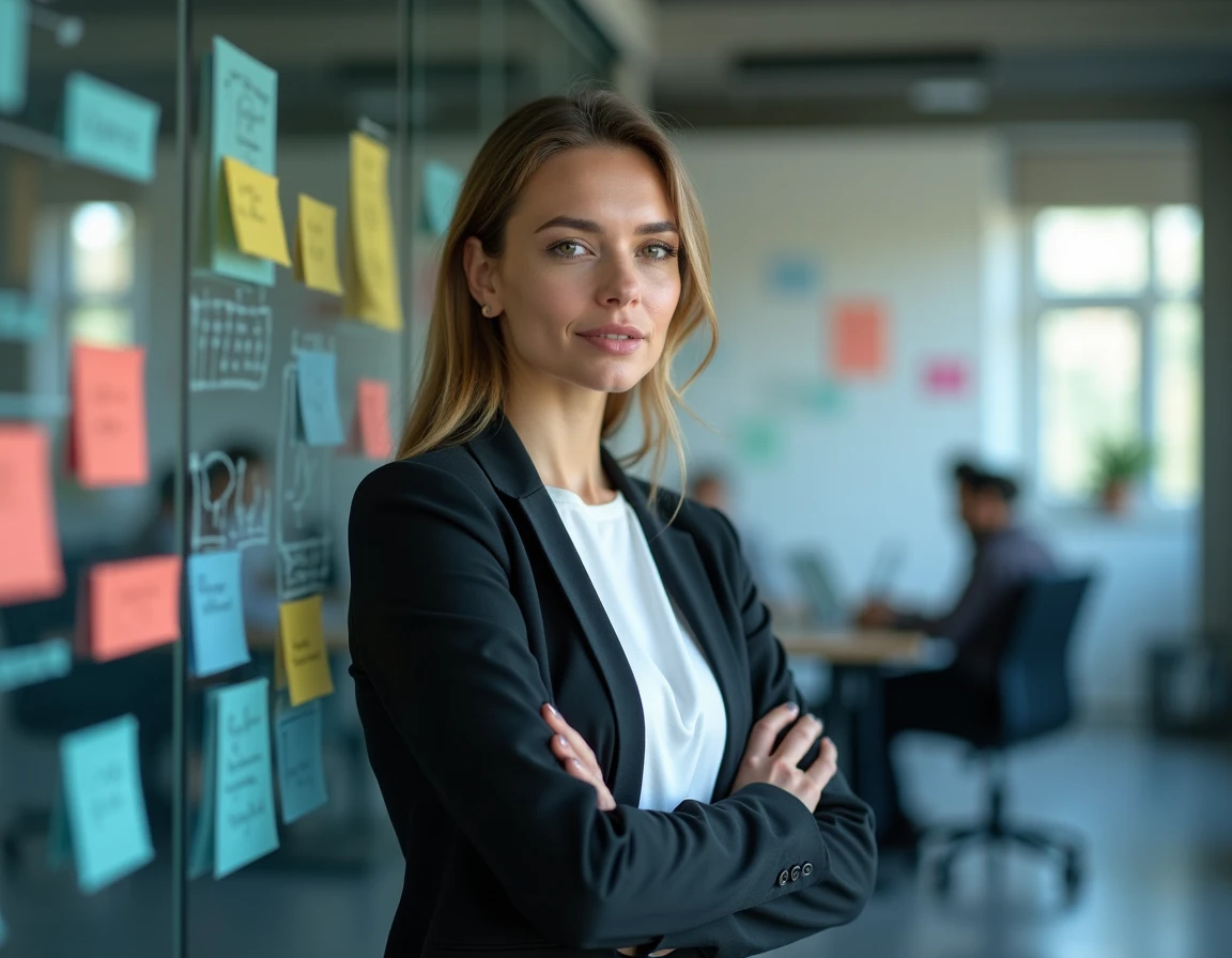 Femme d'affaires devant un tableau blanc couvert de notes et du mot disrupter dans un open space moderne