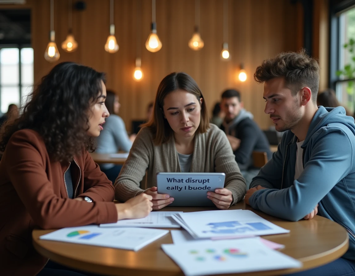 Groupe de jeunes professionnels discutant de la définition du mot disrupter dans un espace de coworking