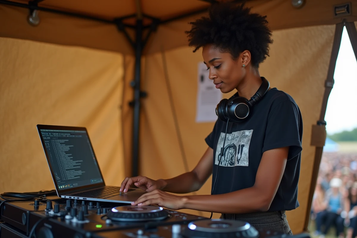 DJ femme en coulisses d'un festival d'été sélectionnant des chansons de madison pour animer la piste de danse