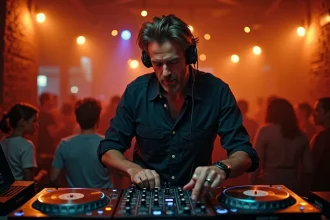 DJ professionnel derrière ses platines dans un club de danse enchaînant des titres madison pour garder la piste pleine