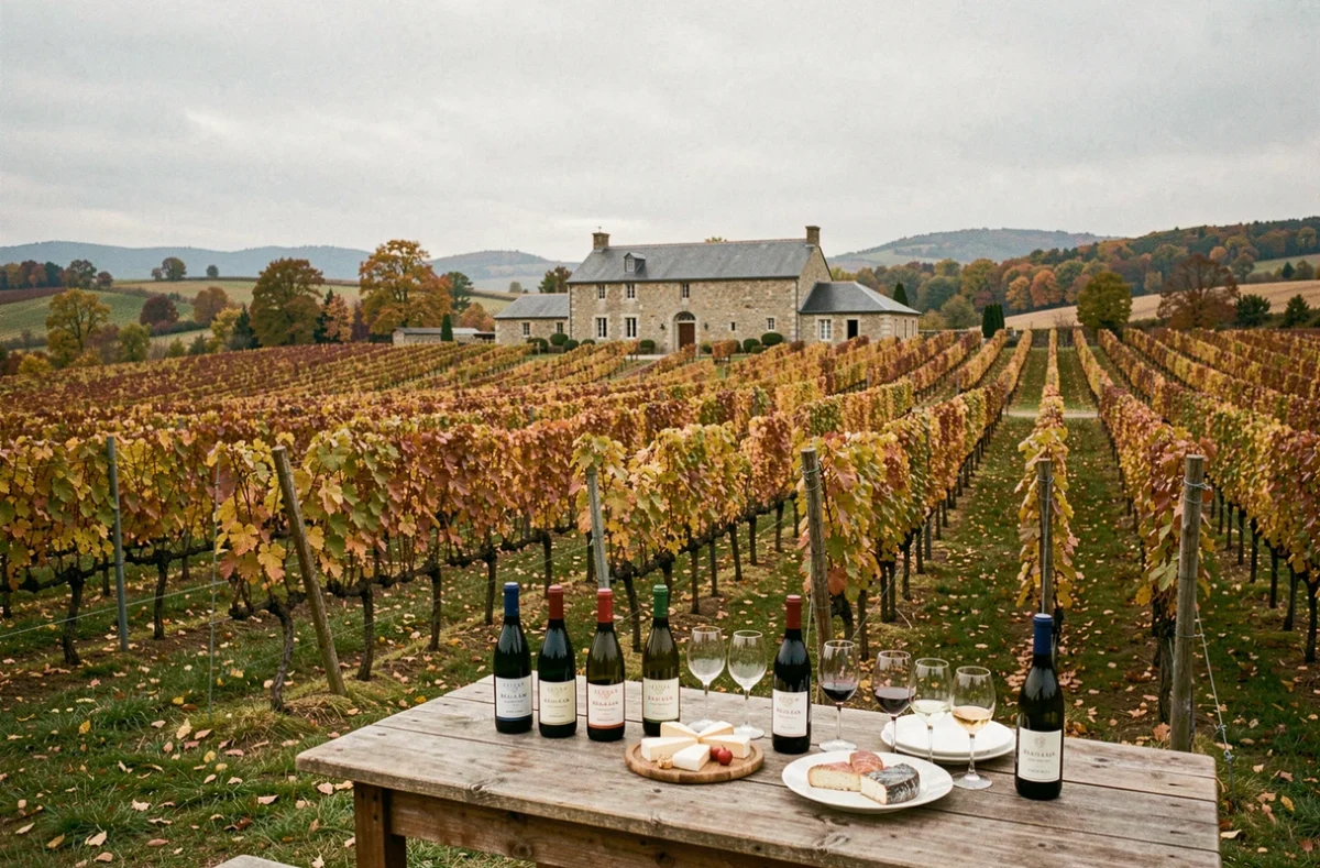 Domaine viticole du Beaujolais en automne avec des vignes dorées et une bâtisse en pierre dressée pour une dégustation en plein air