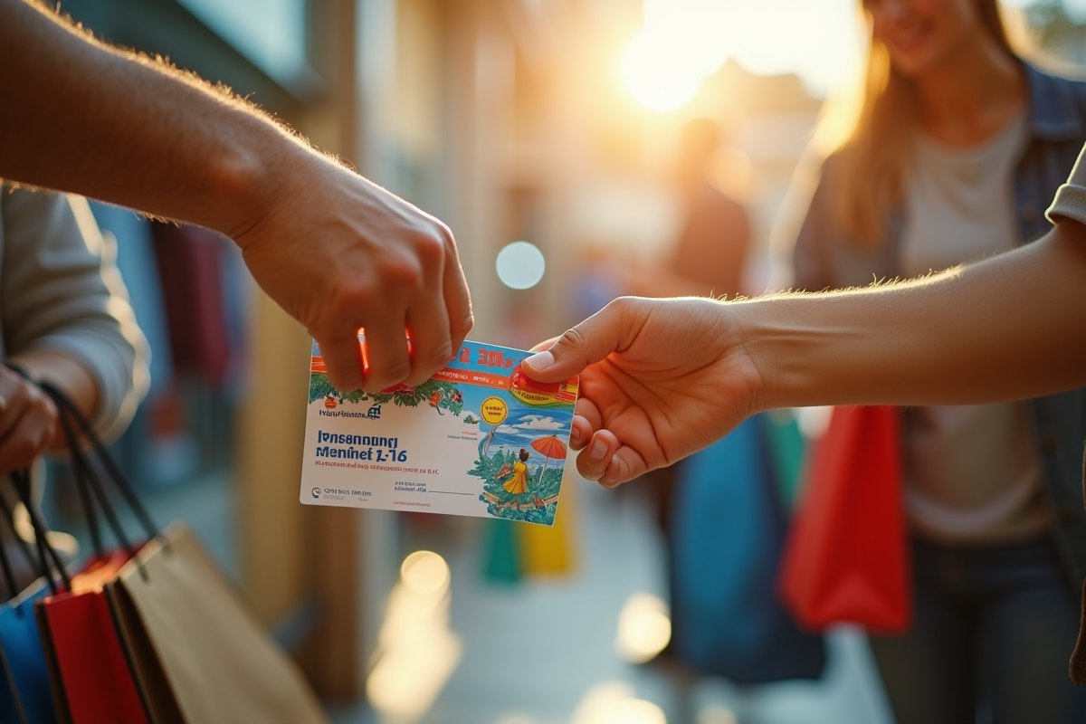 Mains échangeant des vouchers colorés et sacs de sport dans un magasin