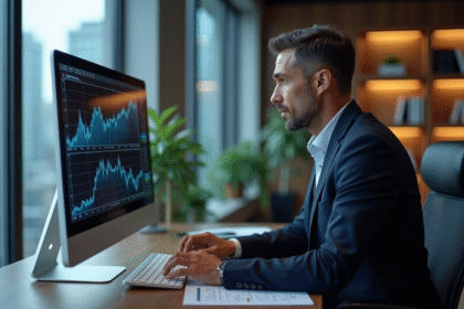 Économiste homme en costume analysant des données numériques