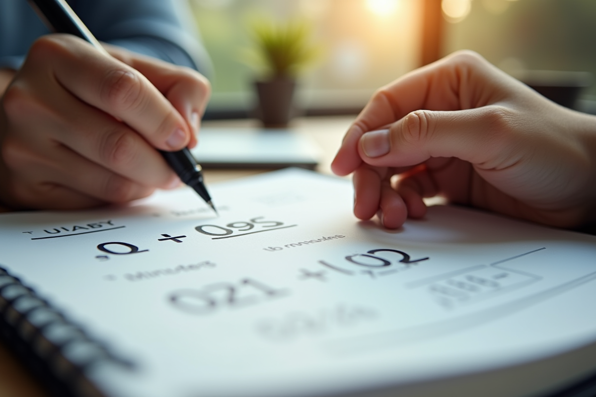 Main écrivant des notes de calcul pour convertir secondes en minutes