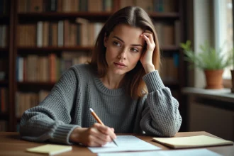 Femme écrivaine en pleine réflexion entourée de pages de manuscrit, illustrant le processus de création d'un retournement de situation crédible