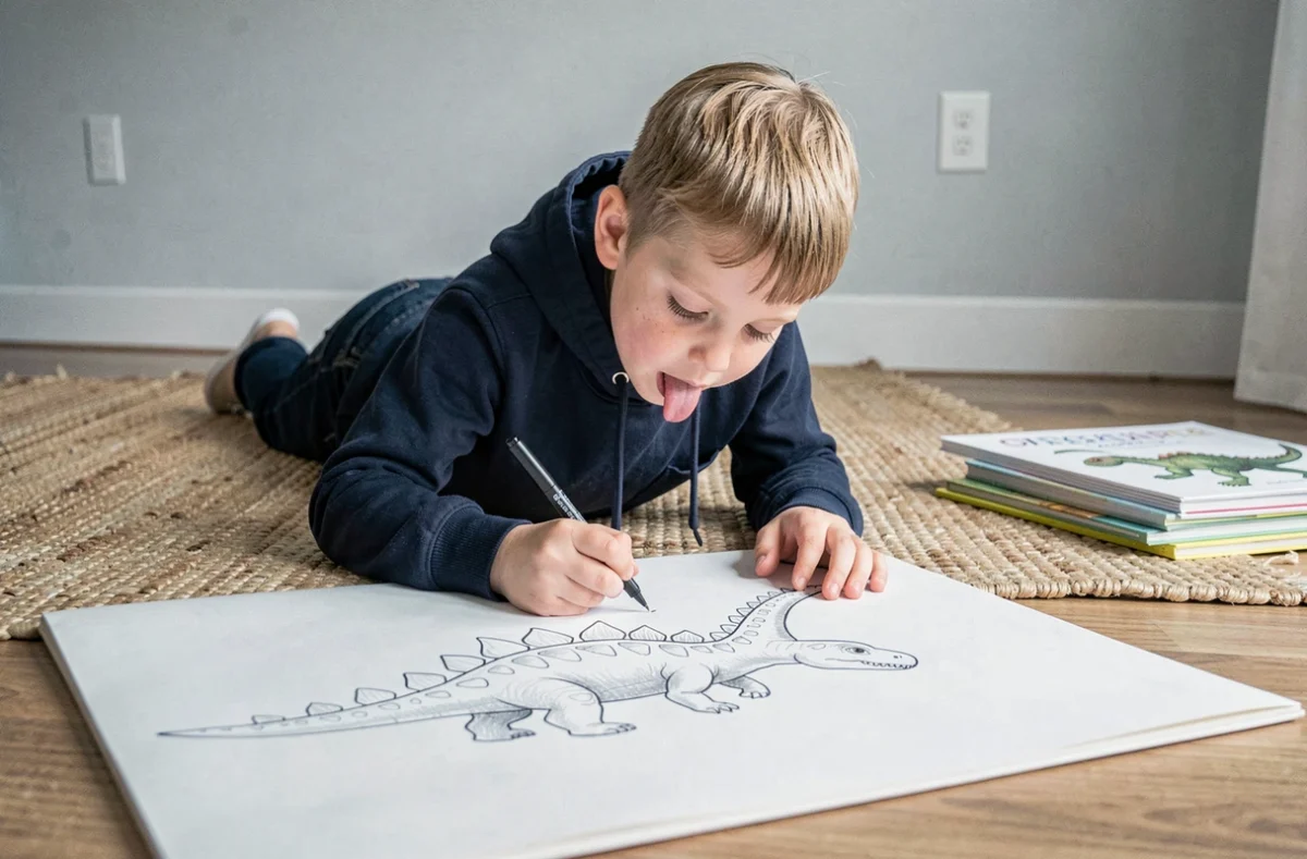 Enfant allongé sur le sol dessinant un Stégosaure au feutre noir dans un grand carnet blanc