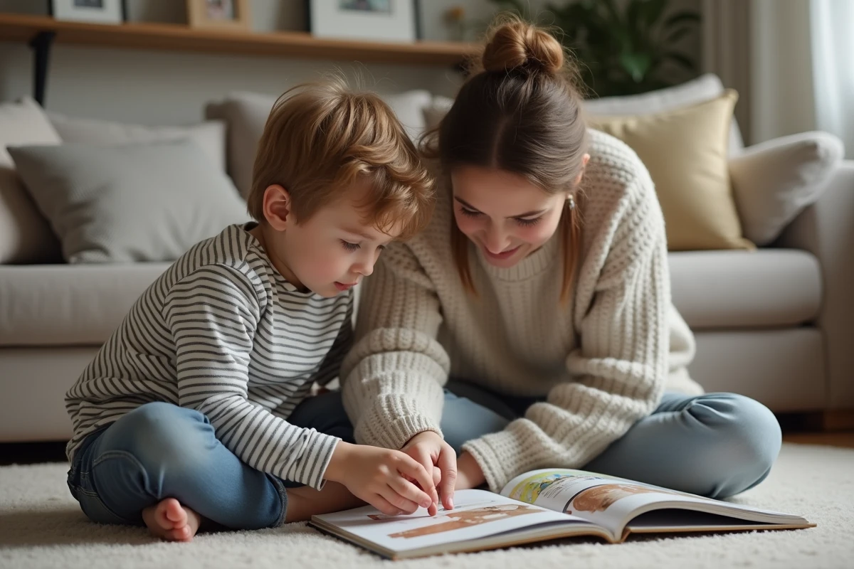 Garçon curieux de 3 ans avec sa mère lisant un livre illustré