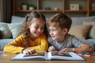 Deux enfants regardent la Mona Lisa dans un salon chaleureux
