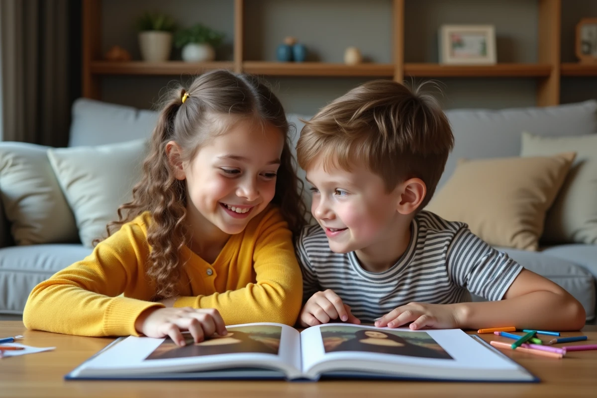 Deux enfants regardent la Mona Lisa dans un salon chaleureux