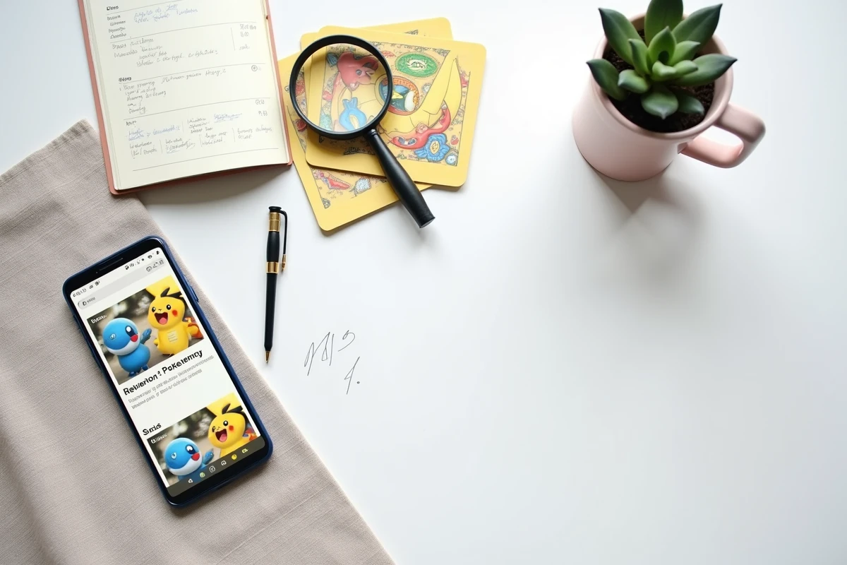 Vue aérienne d'une enquête sur un shop Pokémon en ligne avec cartes, smartphone affichant des avis et notes manuscrites