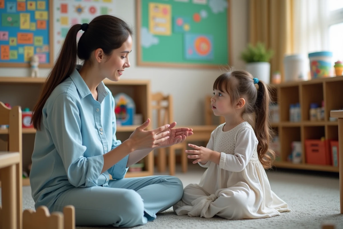 Professeure en classe maternelle avec une petite fille en discussion