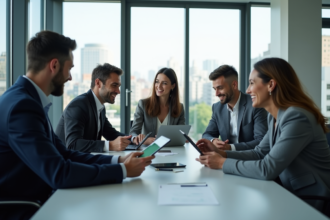 Groupe de professionnels en réunion dans un bureau moderne