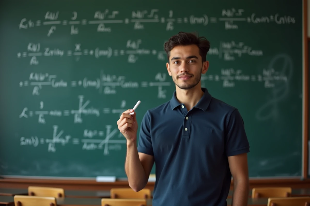 Étudiant expliquant l'équation réduite de la tangente devant un tableau noir couvert de formules mathématiques dans une salle de cours universitaire