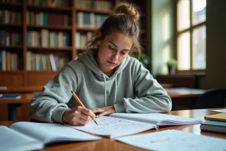 Étudiante révisant l'équation réduite de la tangente avec des notes manuscrites et des manuels de mathématiques sur un bureau en bois à la bibliothèque universitaire